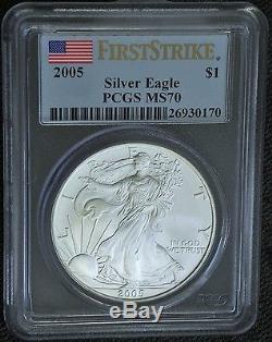 2005 SILVER AMERICAN EAGLE FIRST STRIKE PCGS MS70 A RARE FIND POP 445
