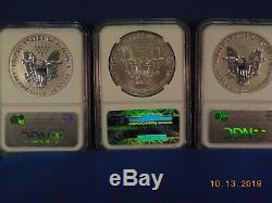 2006 20 Anniversary N. G. C. Silver American Eagle (3 Coin) Set. MS&PF. 69