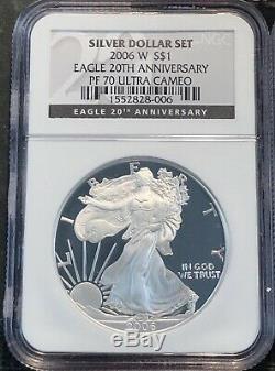 2006 20th ANNIVERSARY AMERICAN SILVER EAGLE 3 COIN SET. NGC MS 70 PF 70