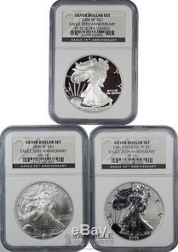2006 20th Anniversary Set 3 Coin American Silver Eagle Proof NGC PF70/MS70 UNC