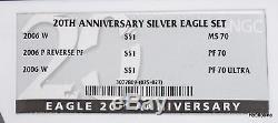 2006-P/W Proof Silver American Eagle 20th Anniversary 3-Coin Set NGC MS70 PF70