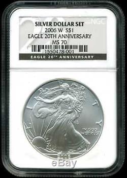 2006-W $1 Burnished Silver American Eagle 20th Anniversary MS70 NGC 1550478-001