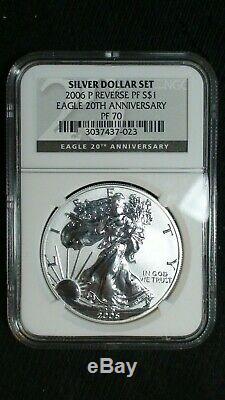 2006 W American Silver Eagle Ngc Ms & Pf70 20th Ann 3 Coin Set $1 Perfect Coins