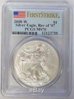 2008 W $1 American Silver Eagle 1 oz PCGS MS70 First Strike Reverse of 07
