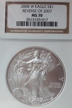 2008-W $1 American Silver Eagle, NGC MS70, Reverse of 2007