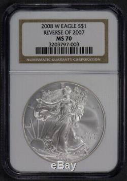 2008-W 1 oz AMERICAN EAGLE $1 SILVER DOLLAR REVERSE OF 2007 NGC MS 70 #L503