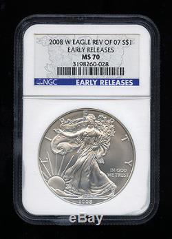 2008-W AMERICAN SILVER EAGLE (REVERSE OF 2007) NGC MS70 EARLY RELEASE BLUE LABEL