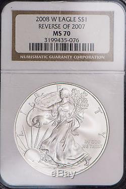 2008-W American Eagle Silver Dollar REVERSE OF 2007 NGC MS 70 RARE & 70