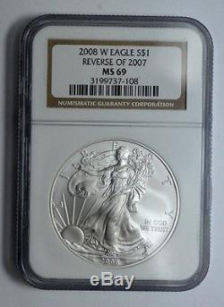 2008 W American Silver Eagle Reverse of 2007 NGC MS69, Rare US Coin, 1 Oz
