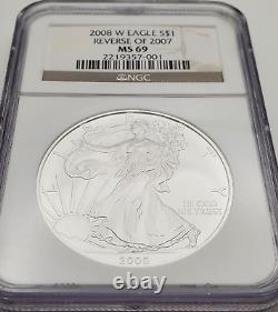 2008 W Burnished Silver American Eagle $1 ERROR REVERSE of 2007 NGC MS69