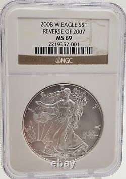 2008 W Burnished Silver American Eagle $1 ERROR REVERSE of 2007 NGC MS69