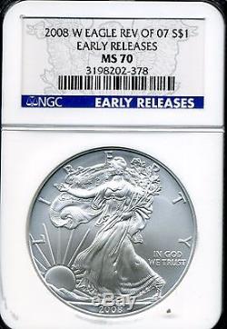 2008 W REVERSE 2007 AMERICAN SILVER EAGLE 1 OZ DOLLAR NGC MS 70 EARLY RELEASE