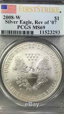 2008-w Reverse Of' 2007 $1. Burnished American Silver Eagle Pcgs Ms-69 1st Strike