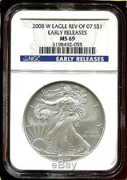 2008 W Reverse of 2007 NGC Early Release MS69 American Silver Eagle Dollar Coin