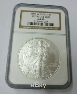 2008-W (Reverse of 2007) Silver American Eagle NGC MS-69 (PRISTINE)