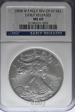 2008 W Reverse of 2007 Silver American Eagle NGC MS69 Early Release 1 oz Silver