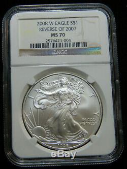 2008-W S$1 ASE Reverse of 2007 American Silver Eagle MS-70 NGC, withCOA and Box