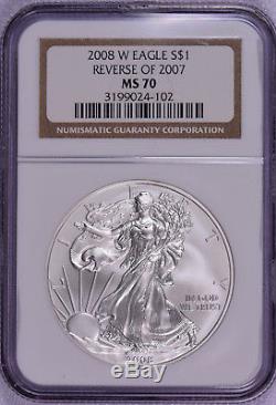 2008 W Silver American Eagle NGC MS70 MS-70 (Reverse of 2007 Error)