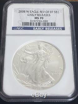 2008 W Silver American Eagle with 07 Reverse Early Release NGC MS-70