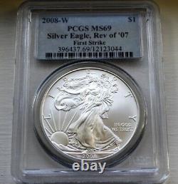 2008-w (reverse Of 2007) Burnished American Silver Eagle Pcgs Ms69 First Strike