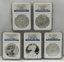 2011 $1 American Silver Eagle 25th Anniversary 5 Piece Set NGC MS70, PF70