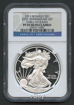 2011 $1 Silver American Eagle 25th Anniversary 5 Coin Set NGC PF MS 69 OGP WithCOA