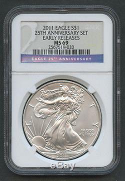 2011 $1 Silver American Eagle 25th Anniversary 5 Coin Set NGC PF MS 69 OGP WithCOA