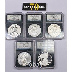 2011 25th Anniversary American Silver Eagle 5 Coin Set Ngc Ms70/pf70 Ultra Cameo