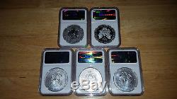 2011 American Silver Eagle 25th Anniversary 5 Pc Set Ngc Ms/pf 70 Early Releases
