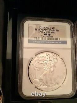 2011 American Silver Eagle 25TH Anniversary ER 5 Coin Set NGC PF69 & MS69
