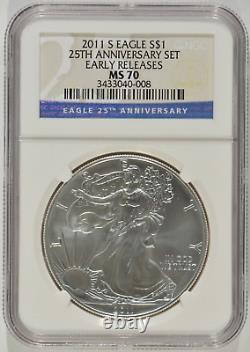 2011 American Silver Eagle 25th Anniversary 5 Coin Set NGC MS70 PF70 Reverse 70