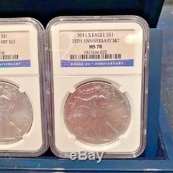2011 American Silver Eagle 25th Anniversary Set NGC MS70 PF70 ASE 5 Coin Set