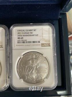 2011 American Silver Eagle 25th Anniversary Set NGC MS70 PF70 ASE 5 Coin Set WOW