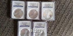 2011 American Silver Eagle 25th Anniversary Set Ngc Ms/pf 70 5 Coin Set
