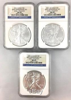2011-S $1 AMERICAN SILVER EAGLE Early Release 3-Coin Set 25th Ann. NGC MS69 C10M
