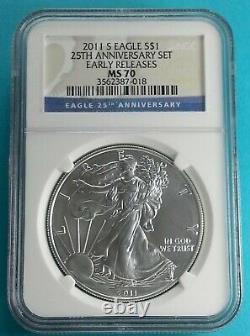 2011 S American Silver Eagle MS 70 E. R. 999 Silver 25th Anniv. Set Blue Label