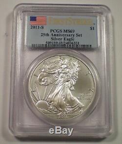 2011 S Silver American Eagle 25th Anniversary Set PCGS MS69 Flag FIRST STRIKE