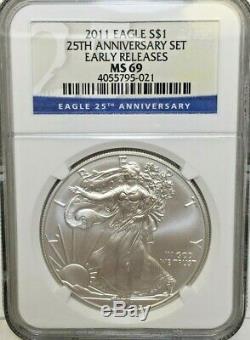 2011 SILVER AMERICAN EAGLE 25th ANNIVERSARY SET NGC MS 69 PF 70 WITH BOX