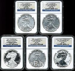2011 Silver American Eagle 25th Anniversary 5 Coin Set MS70/PF70 NGC 3559375-118