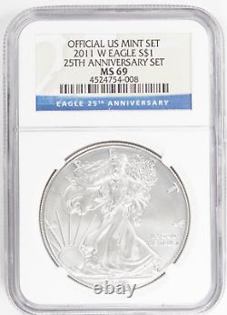 2011 Silver American Eagle 25th Anniversary 5 Coin Set NGC MS69, Proof PF69 $1