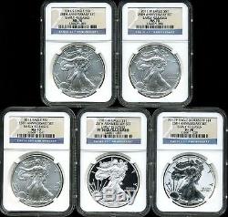 2011 Silver American Eagle 25th Anniversary 5 Coin Set NGC MS70/PF70
