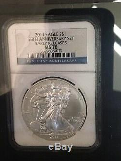 2011-W 25th Anniversary Silver $ American Eagle 5 Coin Set NGC MS70 & PF70