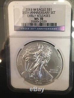 2011-W 25th Anniversary Silver $ American Eagle 5 Coin Set NGC MS70 & PF70