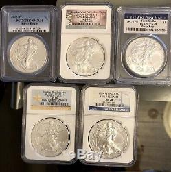 2012, Etc. $1 American Silver Eagle PCGS70. Ms69 NGC. Assorted Lot Of 5 In Pic