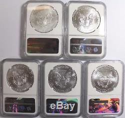 2013, 2014, 2015, 2016 & 2017 $1 American Silver Eagle 1 oz NGC MS70 5 Coin Set