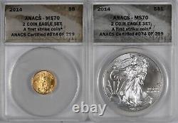 2014 American Eagle 2-Coin Set Gold $5 & Silver $1 Coin ANACS MS70