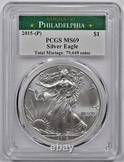 2015-(p) Silver American Eagle Dollar S$1 Pcgs Ms 69 Struck At Philadelphia Mint