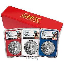 2016 $1 American Silver Eagle NGC MS70 Early Releases 3pc Red, White, and Blue