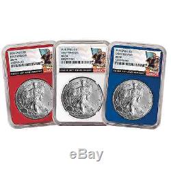 2016 $1 American Silver Eagle NGC MS70 Early Releases 3pc Red, White, and Blue