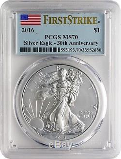 2016 $1 American Silver Eagle PCGS MS70 First Strike Flag Label Box of 20
